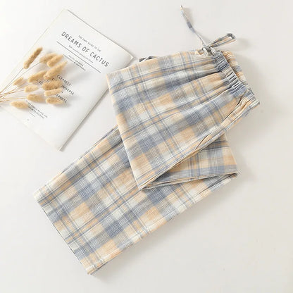 Plus Size Japanese Minimalist Checked Women Pajamas Trousers Women Soft Home Pants Loose Casual Pants Elastic Waist Home Pants