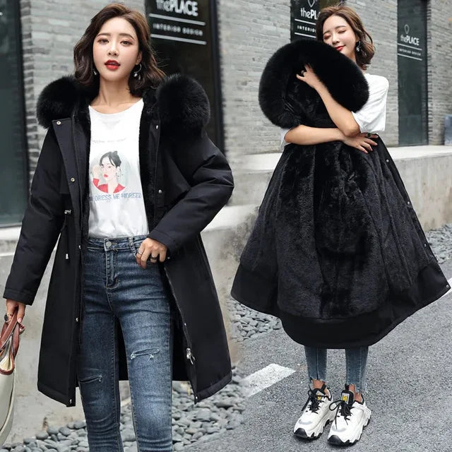 2023 New Winter Women's Long Padded Wool Coat Fur Collar Snow Warm Clothes Thicken Warm Coat Female Outwear 6XL 