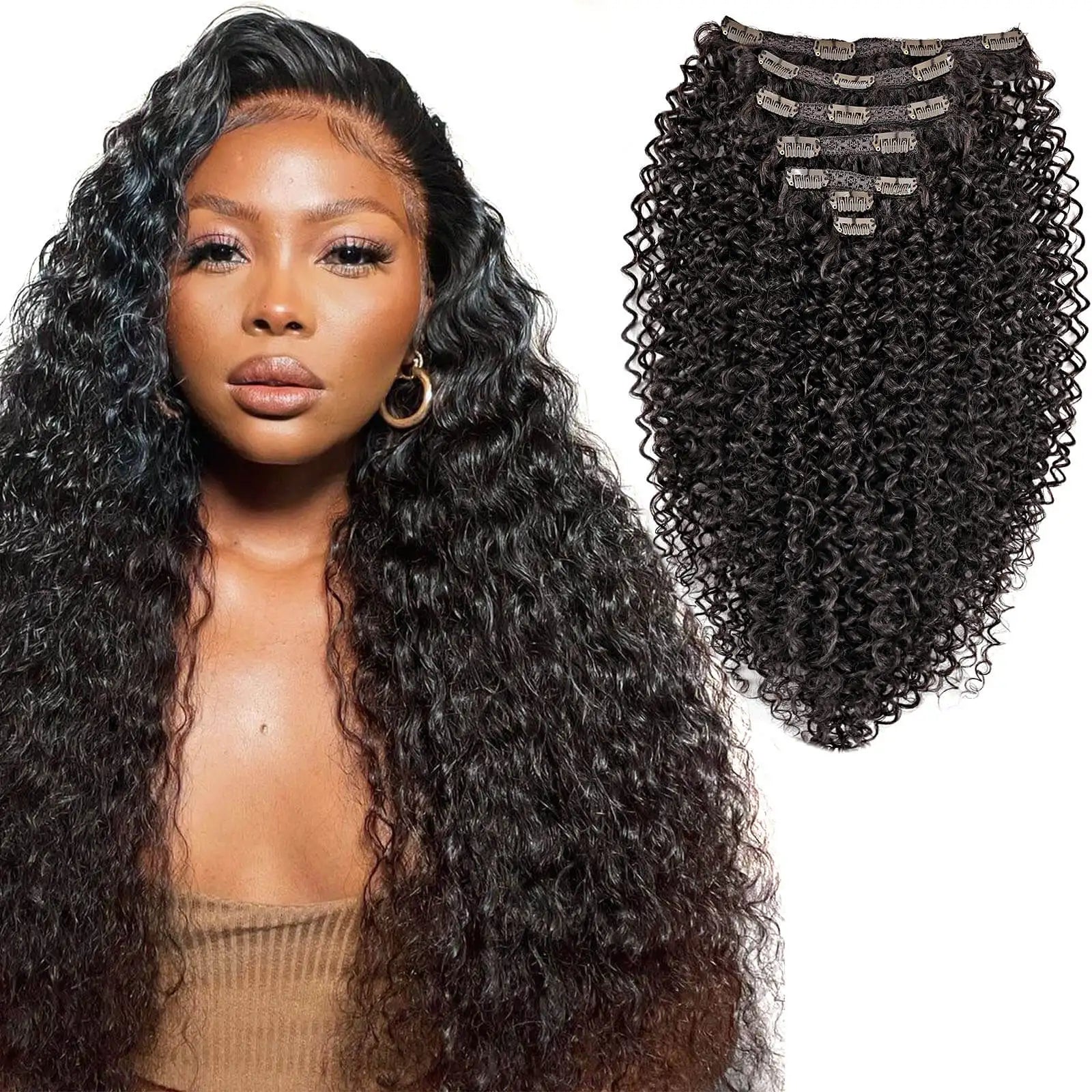Kit extensões de cabelo cacheado Jerry Curly 65cm clip in 7 peças sintéticas para cabeça completa