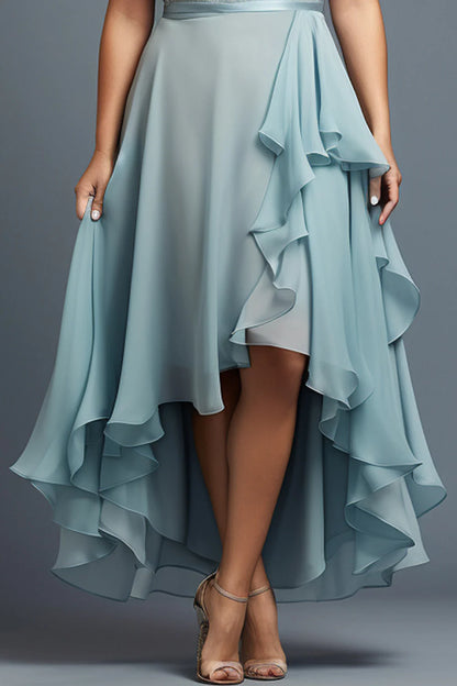 Vestido largo Flycurvy de talla grande para invitada de boda, de gasa azul claro, con encaje y dobladillo alto y bajo escalonado 