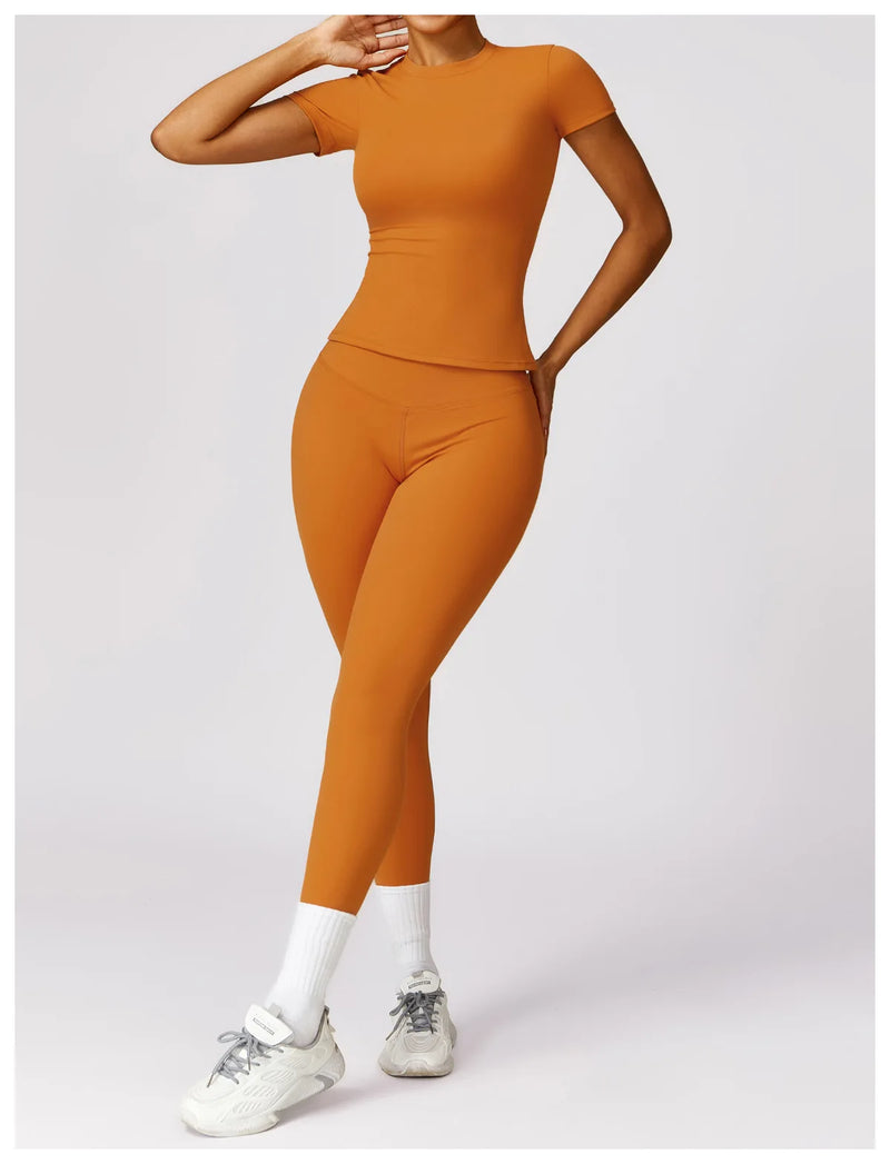 NCLAGEN - Camiseta deportiva para mujer, para correr, de verano, de manga corta, cuello redondo, transpirable, elástica, para gimnasio, yoga, fitness, ajustada, activa