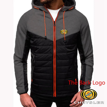 CHRYSLER 2022 Men's New Winter Hooded Cotton Jacket Casual Slim Fit Patchwork Zipper Coat Long Sleeves Warm Oversized Coat Tops