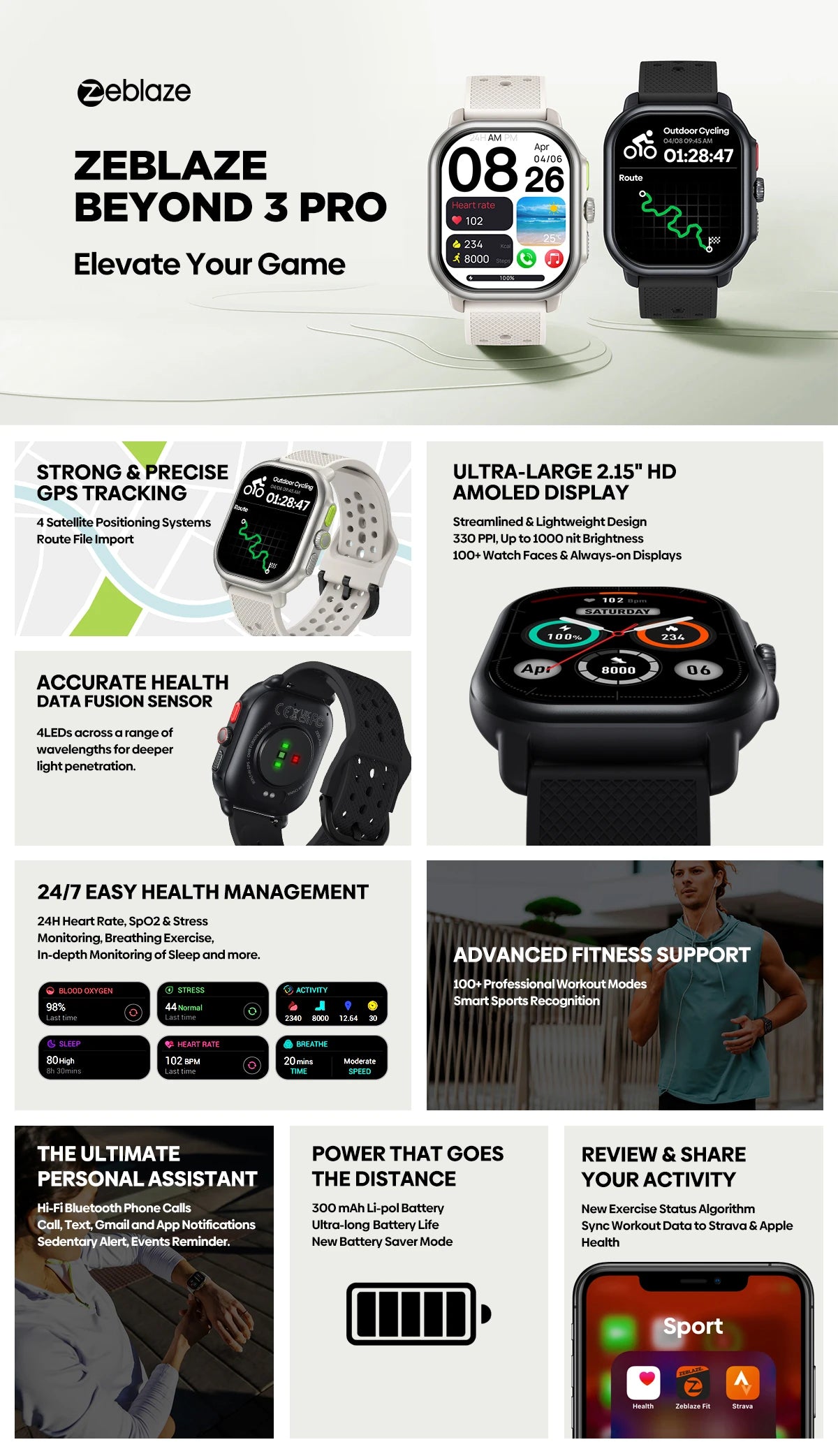 New Zeblaze Beyond 3 Pro GPS Smart Watch 2.15" AMOLED Display Built-in GPS & Route Import Make/Receive Phone Calls Smartwatch
