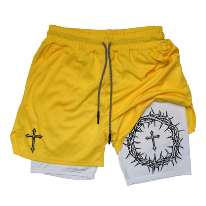 Cross Print 2 in 1 Workout Running Shorts for Men Christian Gym Performance Shorts with Phone Pocket Towel Loop Athletic Outfits
