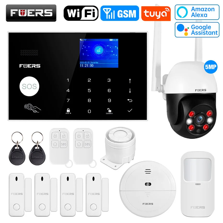 FUERS WIFI GSM Alarm System Wireless Home Burglar Security Alarm System Tuya APP Control Siren Motion Detector PIR Smoke Sensor
