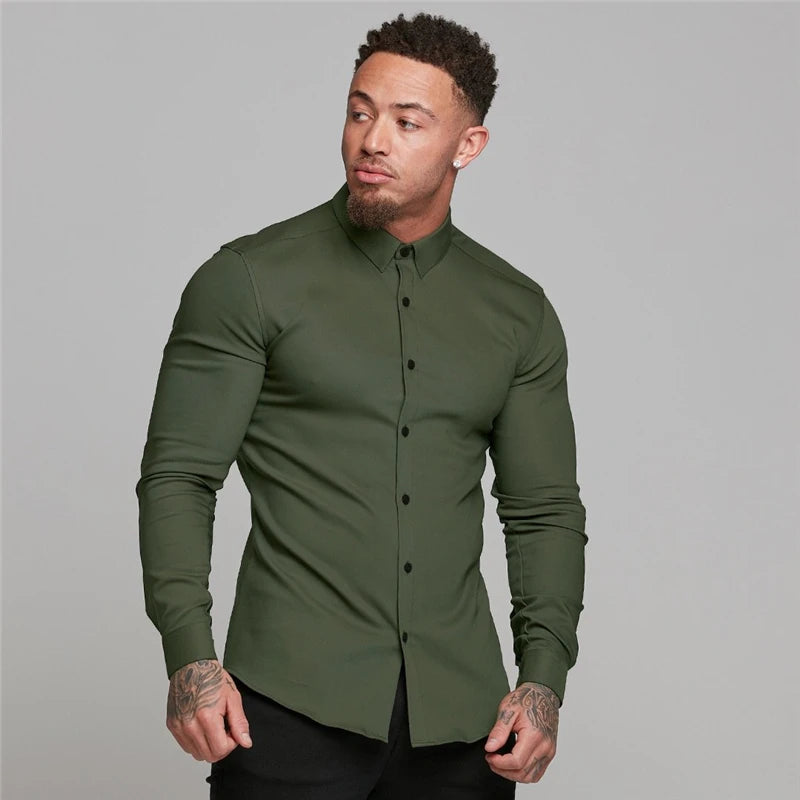 Men's Fitness Micro-bomb Long Sleeve Tee Tops Slim Fit Thin Breathable Muscle T-Shirt Turn Down Collar Business Non-Iron Shirts