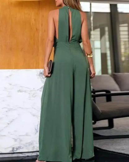 Mono de estilo urbano para mujer, primavera-verano 2024, elegante, liso, sin mangas, fruncido, con abertura, pierna ancha