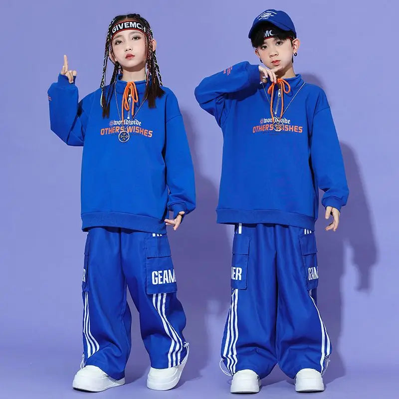 Boys Hip Hop Pullover Street Dance Cargo Pants Girls High Collar Sweatshirt Outfits Kids Jazz Sport Clothes Set Child Streetwear