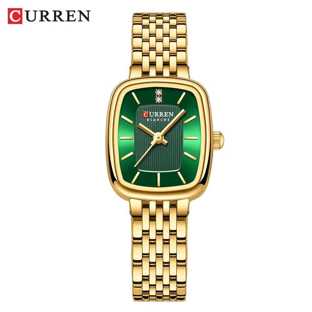 Relógio feminino quadrado dourado em aço inoxidável com calendário