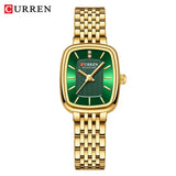 Relógio feminino quadrado dourado em aço inoxidável com calendário