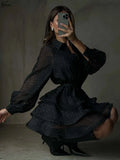 Oymimi Fashion Black Rhinestone Women's Dress Casual Lapel Long Sleeve Button Dresses Elegant New Lace-Up Pleated Mini Dresses