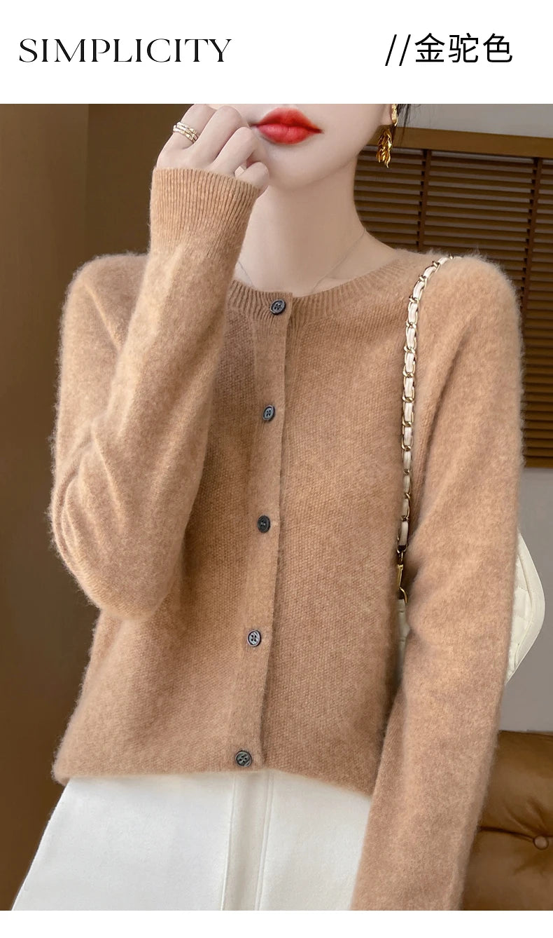 100% Merino Wool Long Sleeve Sweaters Cashmere Cardigan Spring Autumn Women O-Neck Knitwear Tops Clothing Fashion Basic Tops