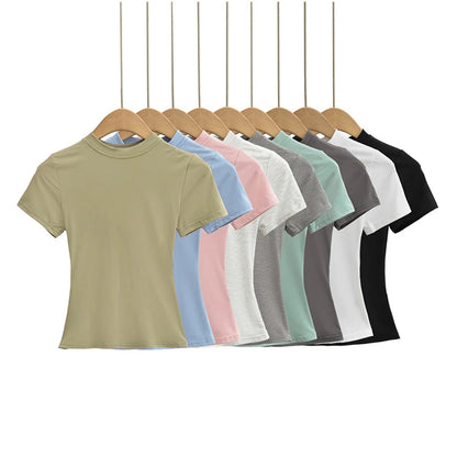 Camiseta informal de alta calidad para mujer, blusa sexy ajustada de manga corta, tendencia de moda, ropa lisa, tops Y2K, 2024