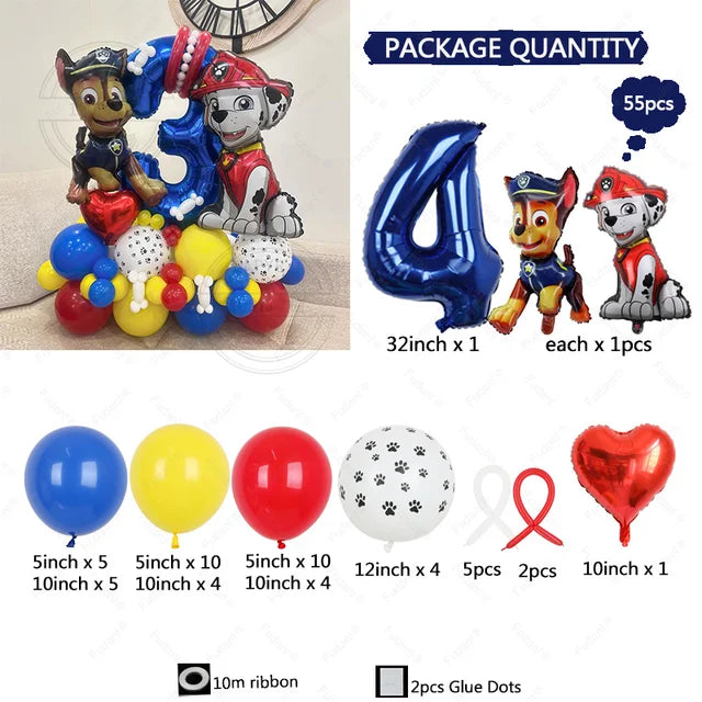 Paw Patrol Latex Balloon Decoration for Boy, Dog Paw Printing, Birthday Party Decorations, Blue Number, 55Pcs 