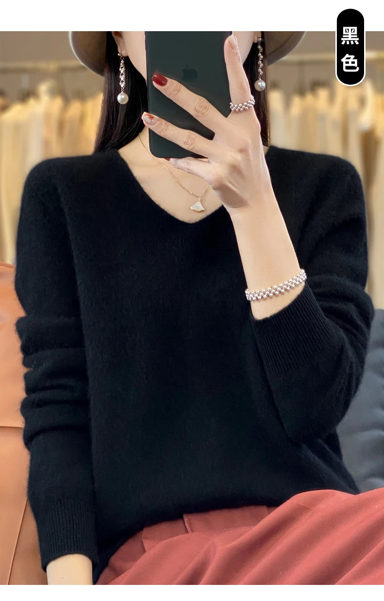 Suéter básico de otoño-invierno 2024 para mujer, 100 % lana merino, cuello en V, tejido de punto liso, jersey de oficina para mujer, manga larga, cachemir.