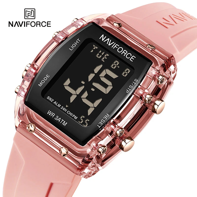 Relojes NAVIFORCE para mujer, con movimiento digital LCD, reloj de moda para mujer, resistente al agua hasta 50 m, correa de silicona, relojes de pulsera deportivos electrónicos.