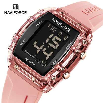 Relojes NAVIFORCE para mujer, con movimiento digital LCD, reloj de moda para mujer, resistente al agua hasta 50 m, correa de silicona, relojes de pulsera deportivos electrónicos.