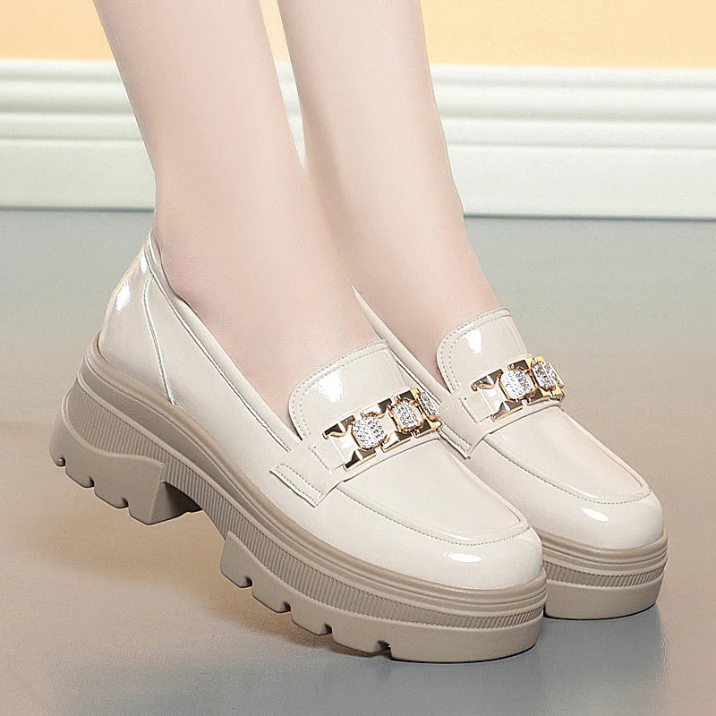 5.5cm British Style Thick Bottom Patent Leather Loafers Women's Platform Shoes 2024 Spring Shallow Block Heels Shoes Office