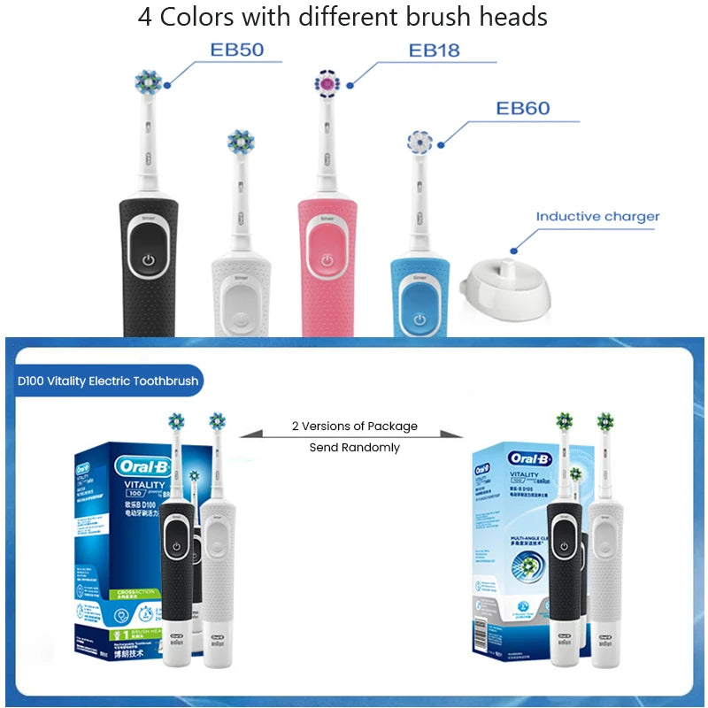 Cepillo de dientes eléctrico Oral B D100 2D Vitality, resistente al agua, con cargador inductivo y temporizador.