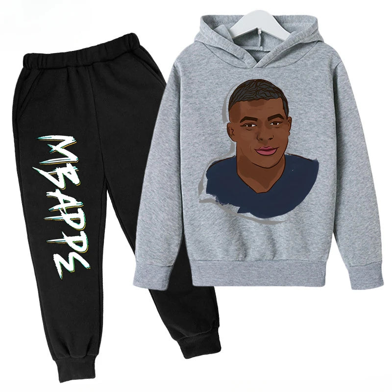 Conjunto de sudadera con capucha para niños, conjunto de sudadera y pantalones con estampado de Mbappe, ropa deportiva de 2 piezas para niños y niñas, primavera y otoño