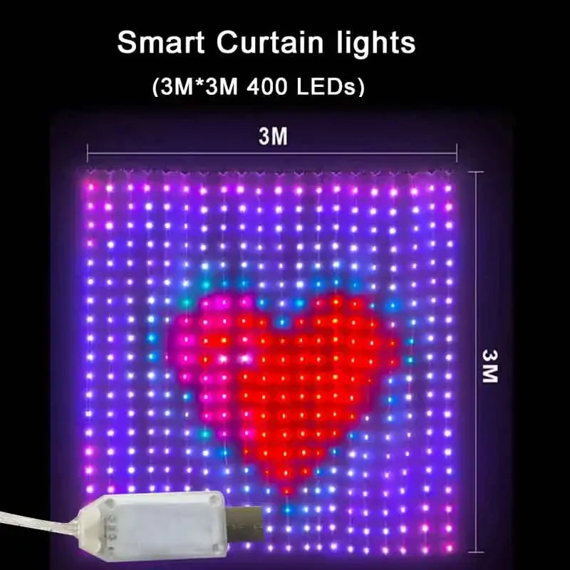 Cortina de luces inteligentes de 400 LED con Bluetooth y aplicación, cadena de luces LED RGB, luces de hadas DIY con cambio de música para decoración de ventanas y dormitorios.