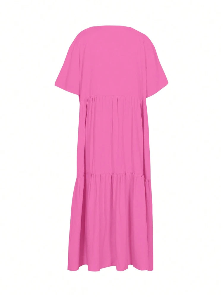 Plus Size 2025 Summer New V-neck Short Sleeve Pleated Solid Colour Loose Casual Midi Dress Basic Hem Pleated