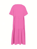 Plus Size 2025 Summer New V-neck Short Sleeve Pleated Solid Colour Loose Casual Midi Dress Basic Hem Pleated