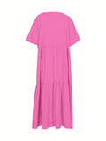 Plus Size 2025 Summer New V-neck Short Sleeve Pleated Solid Colour Loose Casual Midi Dress Basic Hem Pleated