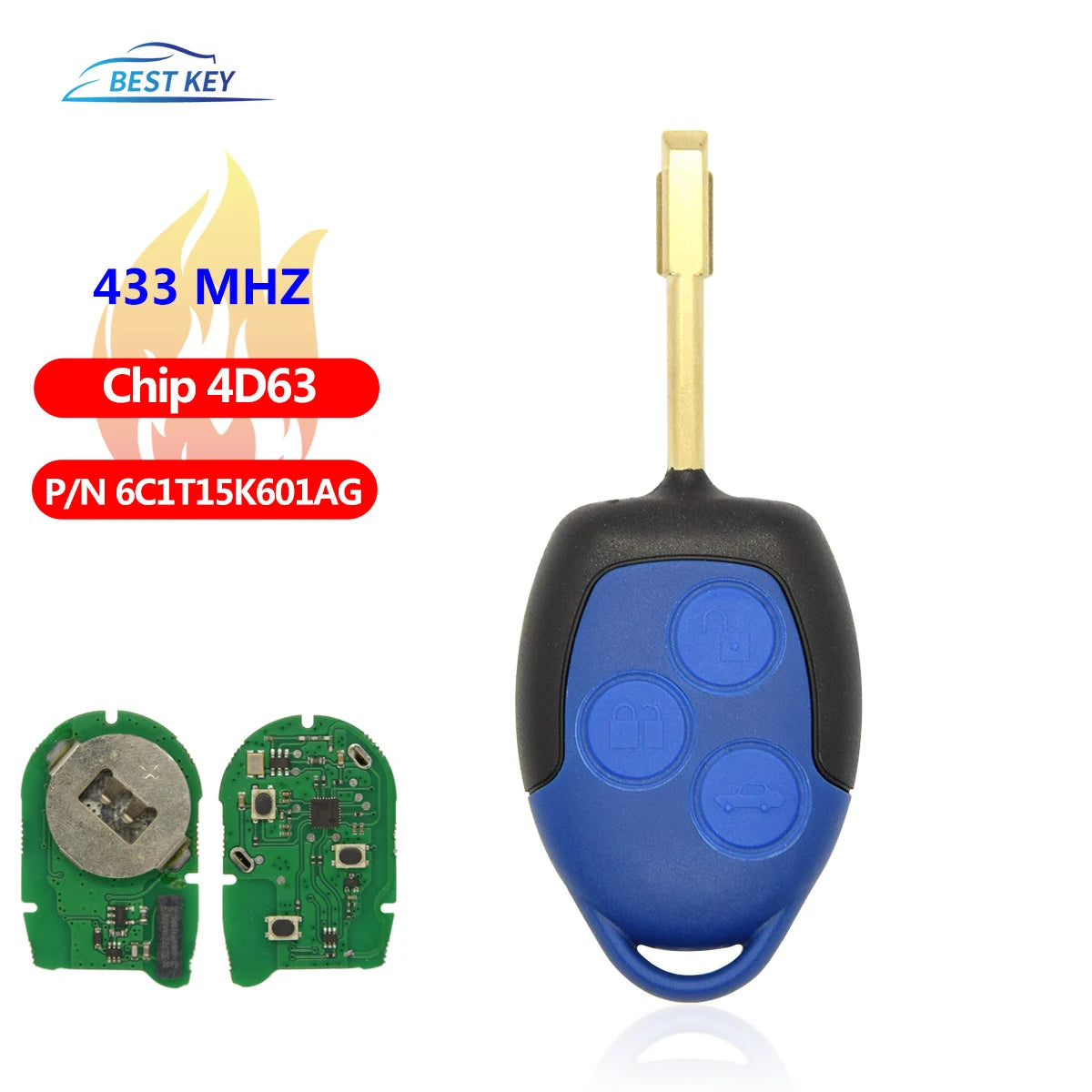 BEST KEY 3 Button Car Remote Key 4D63 Chip 433Mhz P/N: 6C1T15K601AG Black Blade for Ford Transit WM VM 2006-2014 Car Keyoriginal