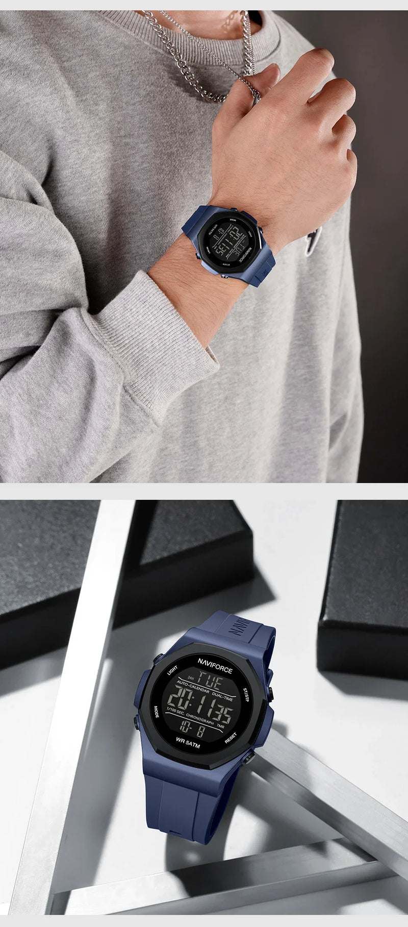 NAVIFORCE NF7117 Sports Watch for Men 5ATM Waterproof Multifunction Electronic Watch Men's LCD Digital Wristwatch