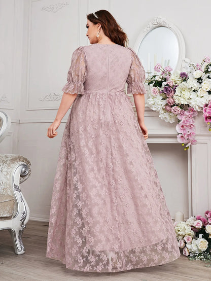 Vestido de noite feminino curvilíneo de renda – vestido maxi sem mangas com decote em V para casamentos de verão (tamanho grande)