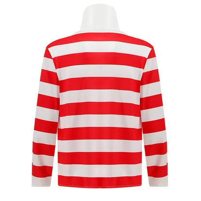 Wheres Waldo Cosplay Striped Shirt Youth Kids Wally Costume Shirt Glasses and Hat Socks Unisex Adults Christmas Cosplay Costumes