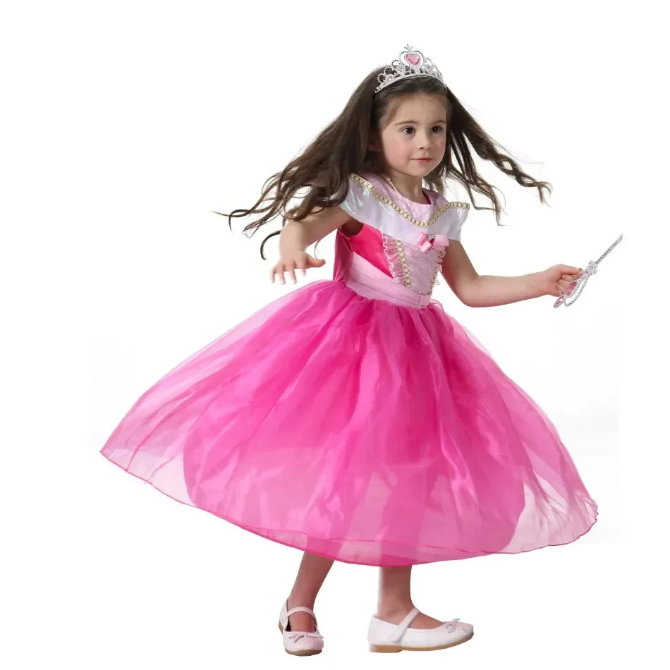 Girl Pink Dress Aurora Cosplay Costume Princess Deluxe Outfit Children Summer Brthday Party Elegant Gown Fairy Disguise Sets