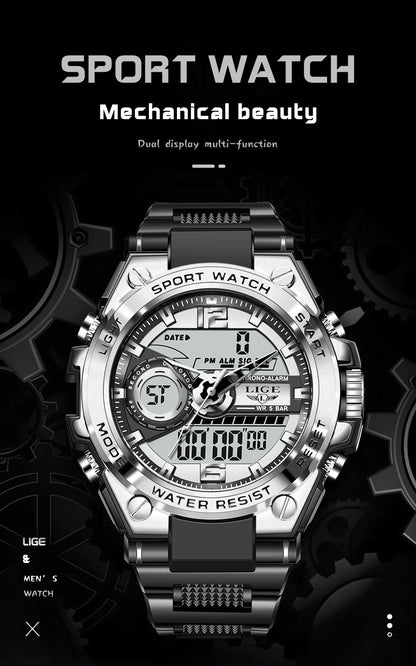 Reloj militar LIGE para hombre, digital, resistente al agua hasta 50 m, LED, de cuarzo, deportivo, grande, Masculino