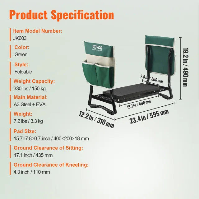 VEVOR-Garden Kneeler and Seat, 330 lbs Load Capacity, 8 or 10" EVA Wide Pad, Folding Stool, Kneeling Stool for Gardening 