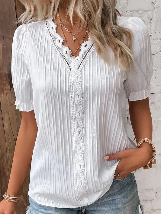 Plus Size Women's Shirt Blouse Yellow-green Violets White Plain Lace Short Sleeve Casual Basic V Neck Regular Pullover White Blo