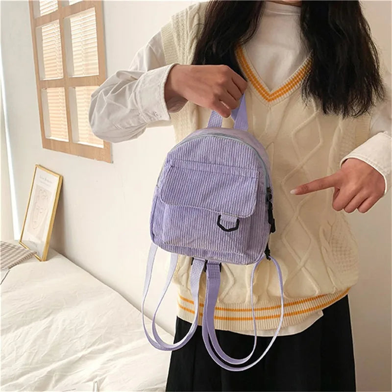 Women's Mini Backpack Fashion Solid Color Corduroy Small Simple Casual Traveling Large Capacity Durable Female's Schoolbag