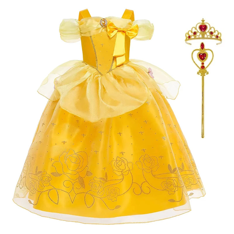Disney Girls Cosplay Belle Princess Dress for Kids Beauty and The Beast Costumes Children Birthday Party with Flower Clothes