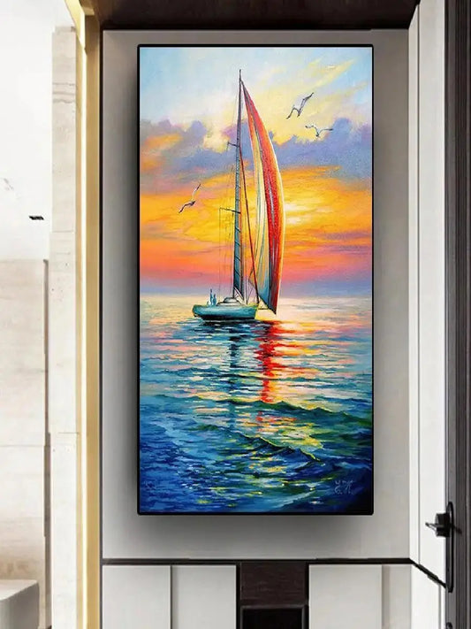 Nordic Vintage Nautical Oil Painting Seascape Canvas Print Sailboat Wall Art Decor for Home Living Room Bedroom
