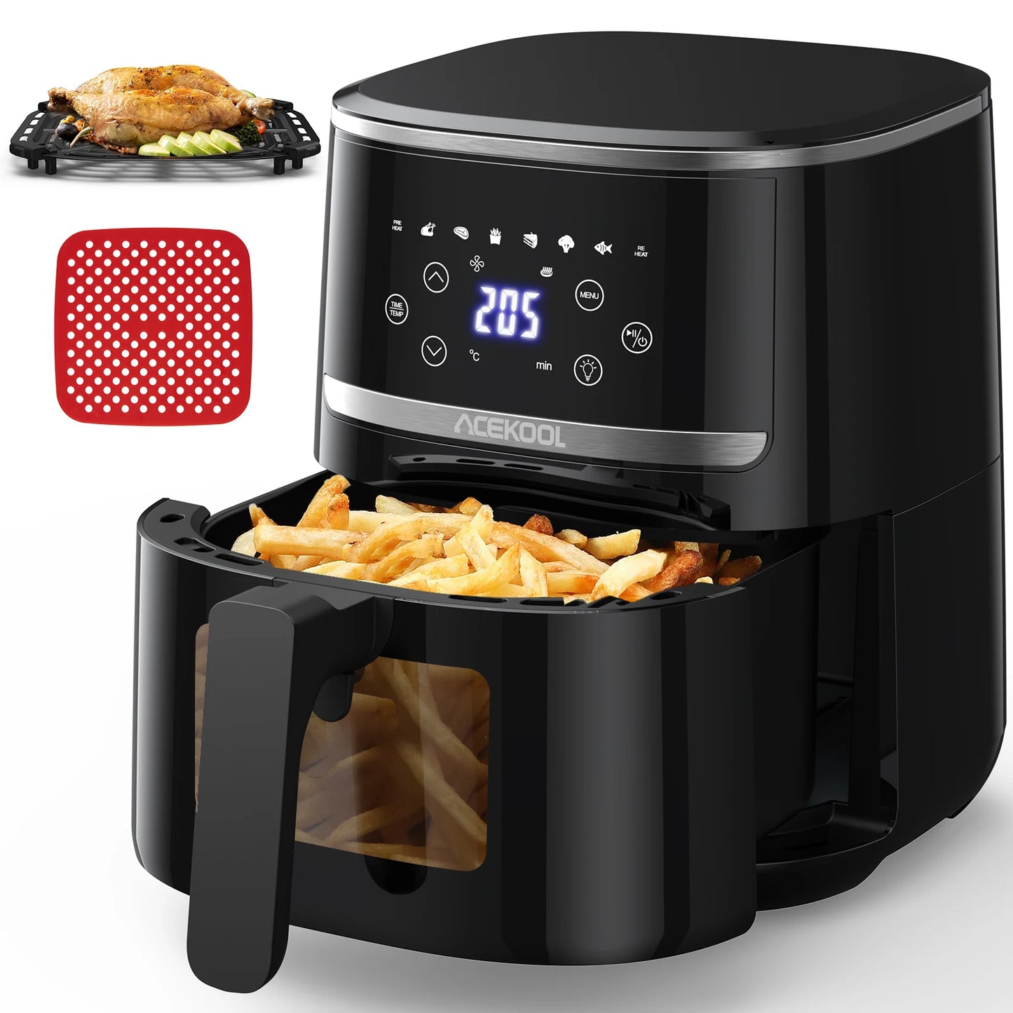 Horno tostador y freidora de aire con pantalla digital de 5 cuartos, 8 ajustes preestablecidos de cocción, cocina sin aceite, ventana visible y cesta apta para lavavajillas.