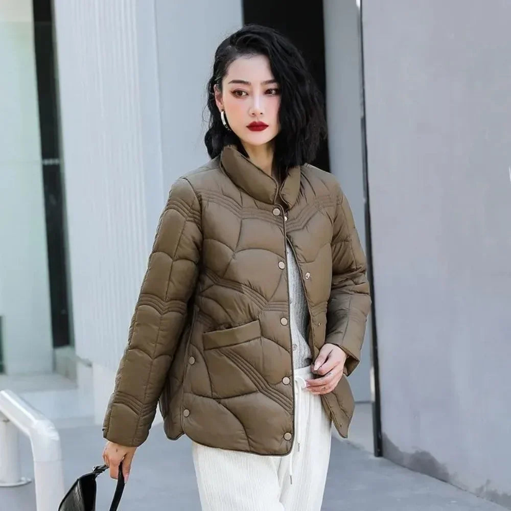 Autumn Winter 2024 New Chinese Korean Female Stand Collar Ultra Lightweight White Duck Down Coat Fashion Outerwear Women Jackets