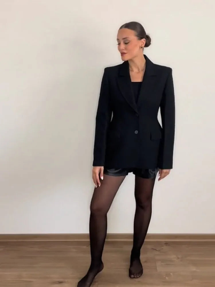 Elegant Black Women's Blazer Coat Slim Single Breasted Long Sleeve Lapel Female Coats 2025 Spring Fashion Simple Lady Outwear