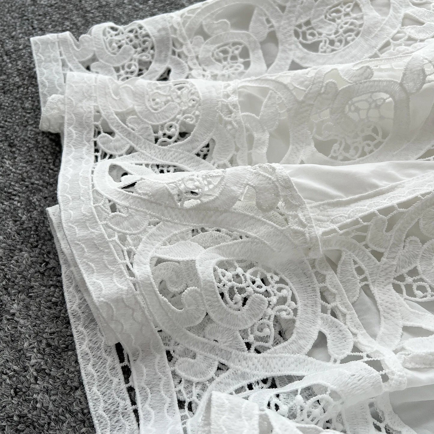 Autumn Crochet White Lace Embroidery 3 Pieces Sets Women Dress Suits Hollow Out Loose Shirt Top Elastic Waist Maxi Skirt Suit
