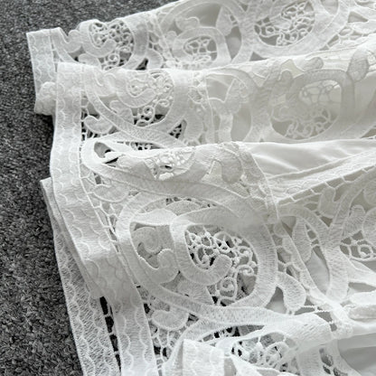 Autumn Crochet White Lace Embroidery 3 Pieces Sets Women Dress Suits Hollow Out Loose Shirt Top Elastic Waist Maxi Skirt Suit