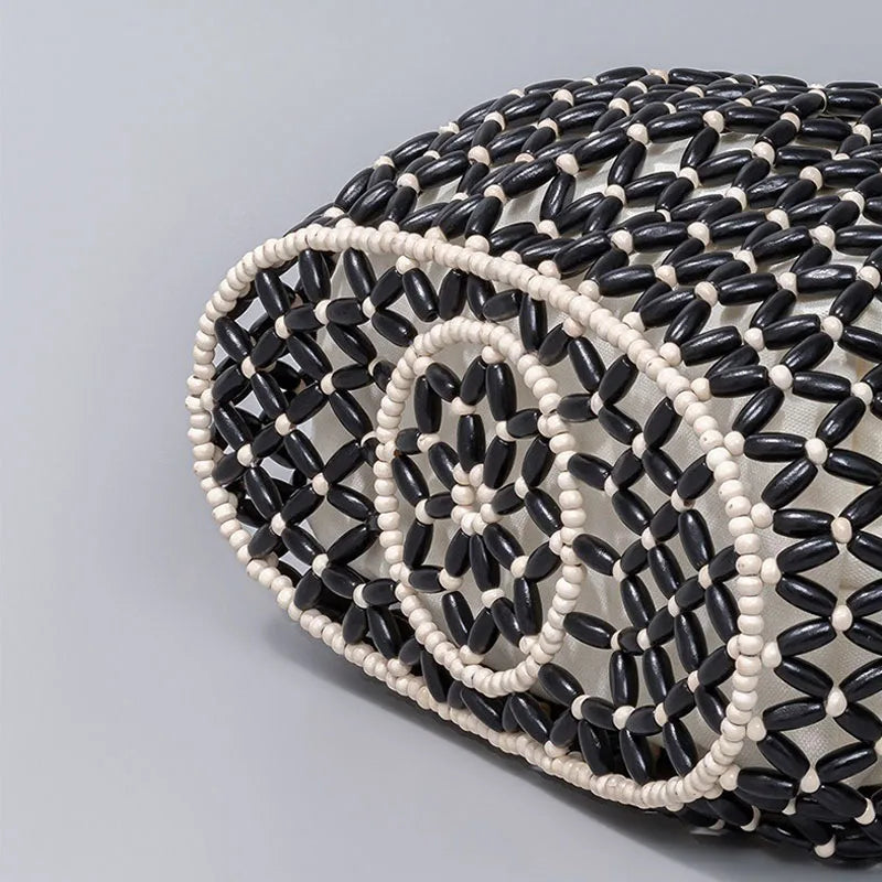 Handmade Woven Beaded Handbag For Women Exquisite Hollow-out Wooden Beaded Shoulder Bag Female Beach Bag