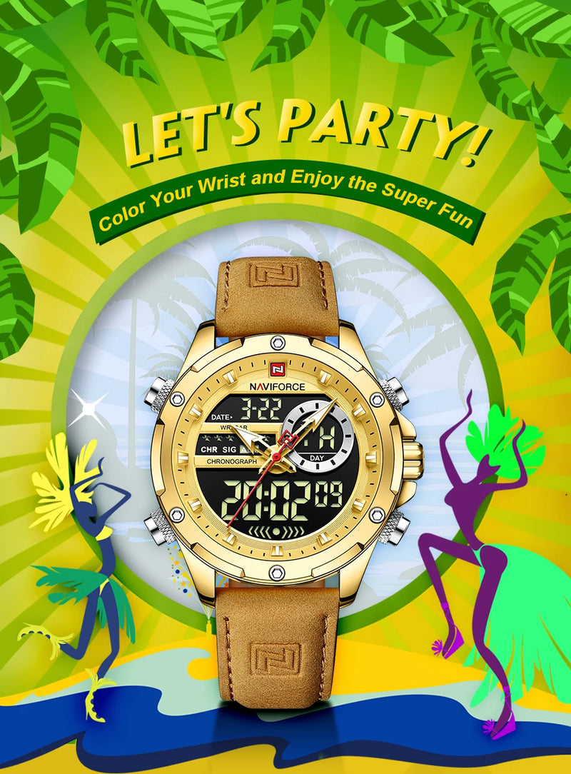 NAVIFORCE Luxury Original Watches For Men Casual Sport Chronograph Alarm Quartz WristWatch Leather Waterproof Digital Clock 9163