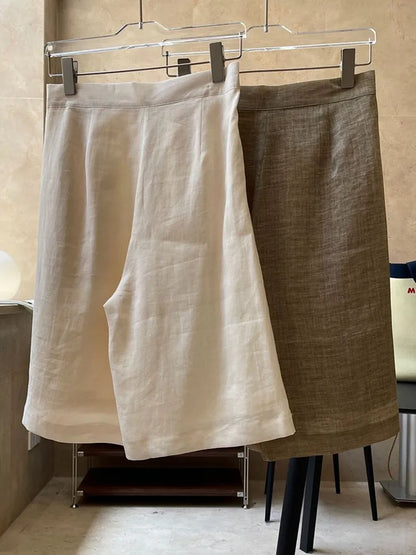 HanOrange 2024 Summer Lazy Linen Casual Knee Length Pants Women Loose Thin Anti-transparent A-line Profile Five Cents Trousers