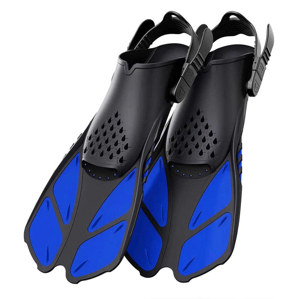 Aletas de snorkel con hebillas ajustables, aletas de natación cortas de silicona, zapatos de buceo con tacón abierto, talla de viaje, para adultos, hombres y mujeres