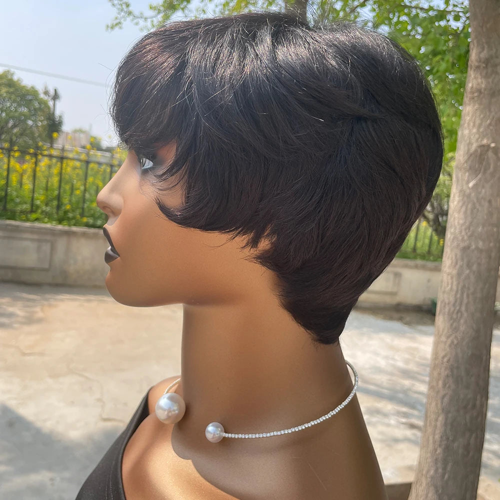 Short Pixie Cut Human Hair Wig for Black Women, Machine-Made Wigs with Bangs, Short Human Hair Wigs
