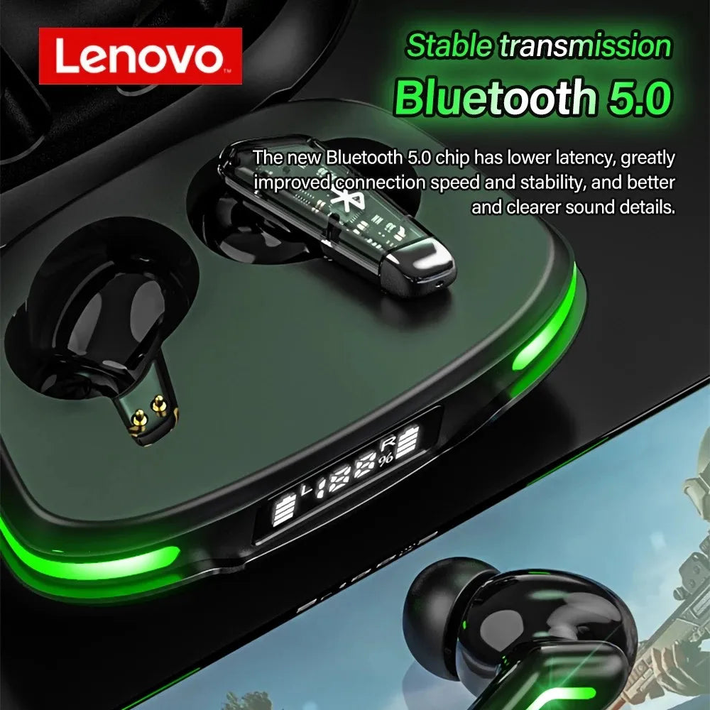 Auriculares deportivos originales Lenovo GM3 Bluetooth 5.0 con reducción de ruido, baja latencia, conexión rápida y modo de espera prolongado.